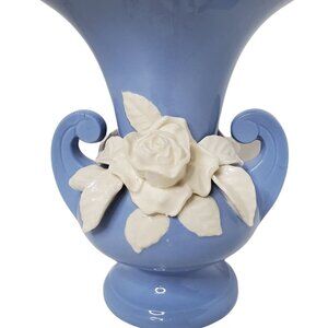 Beautiful Hand Painted Blue W/White Rose Floral Vase Made In Japan. 9"H X 5"W Ba
